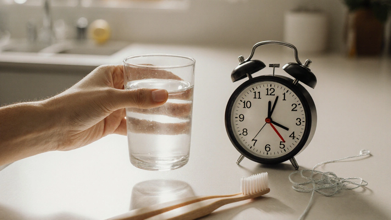 Sklo vody a vyhnutí se kyselým nápojům po broušení zubů.