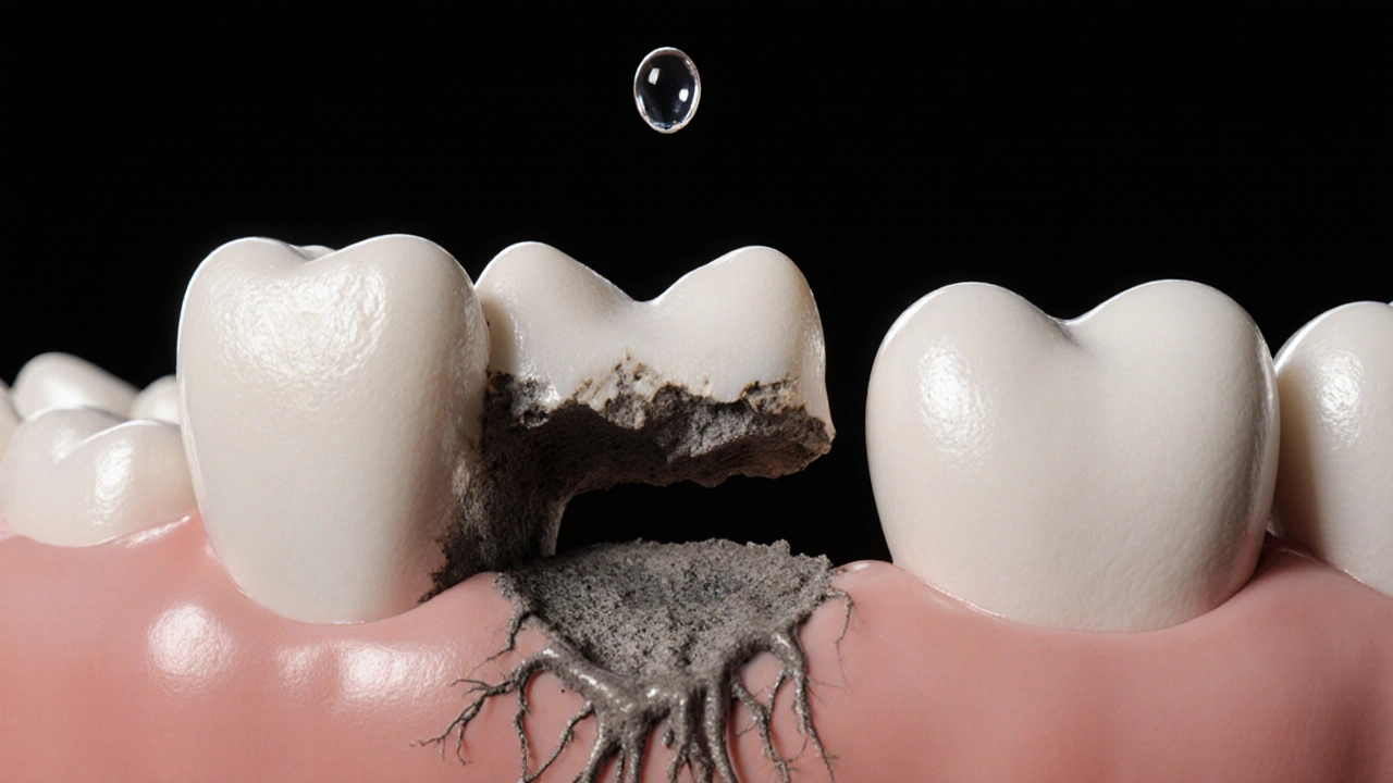 Skrytá karies pod uvolňující se korunkou, symbolizující důsledky zanedbání.