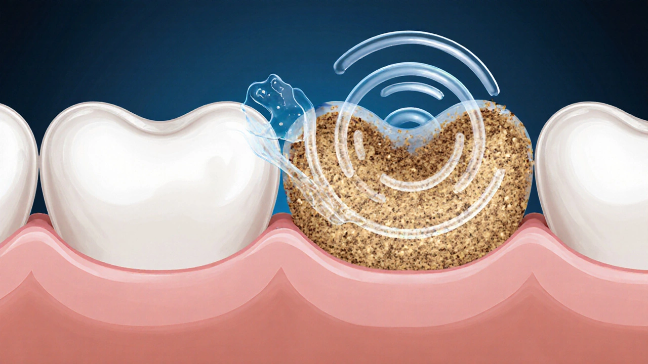 Srovnání zdravého zubu a zubu pokrytého zubním kamenem, ultrazvukové vlny rozkládají kámen na částice.