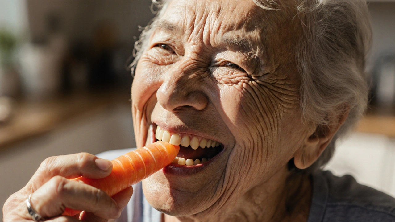 Starší žena se směje, kousá do mrkve — její ústa vypadají přirozeně a plně.