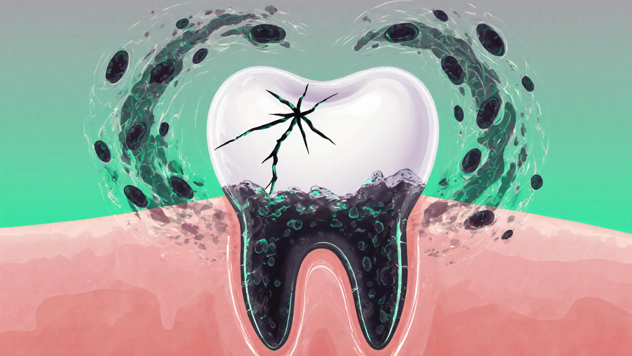 Symbolický obraz zubu s vystaveným kořenem a bakteriemi ohrožujícími zdraví dásní.