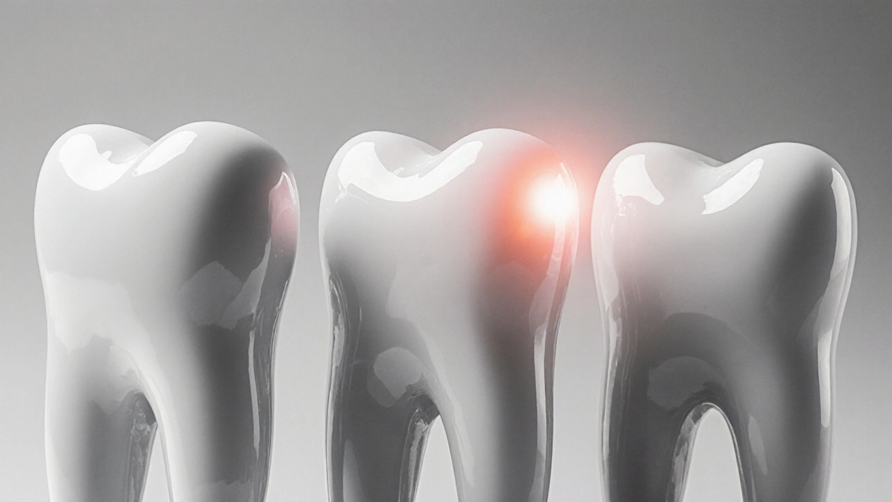 Tři zuby: přirozený, plastově lesklý a matný — porovnání optického chování.