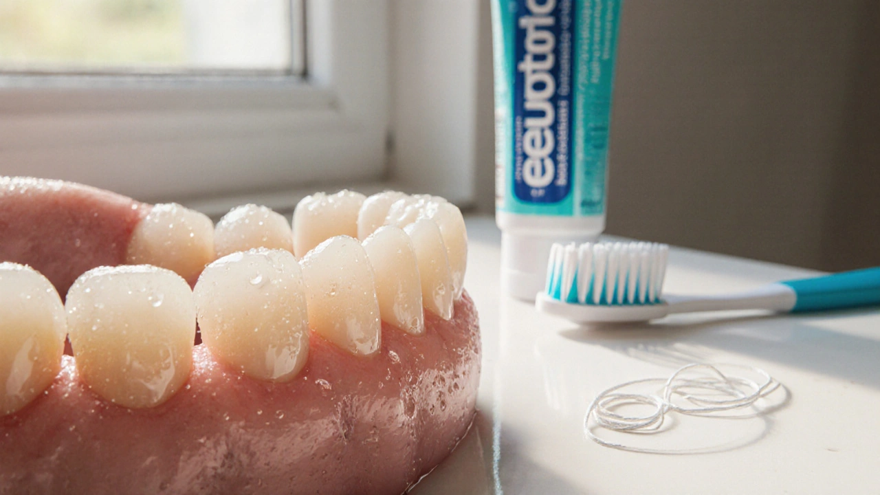 Zdravé dásně a čisté zuby po pískování s zubní kartáček a pastou.