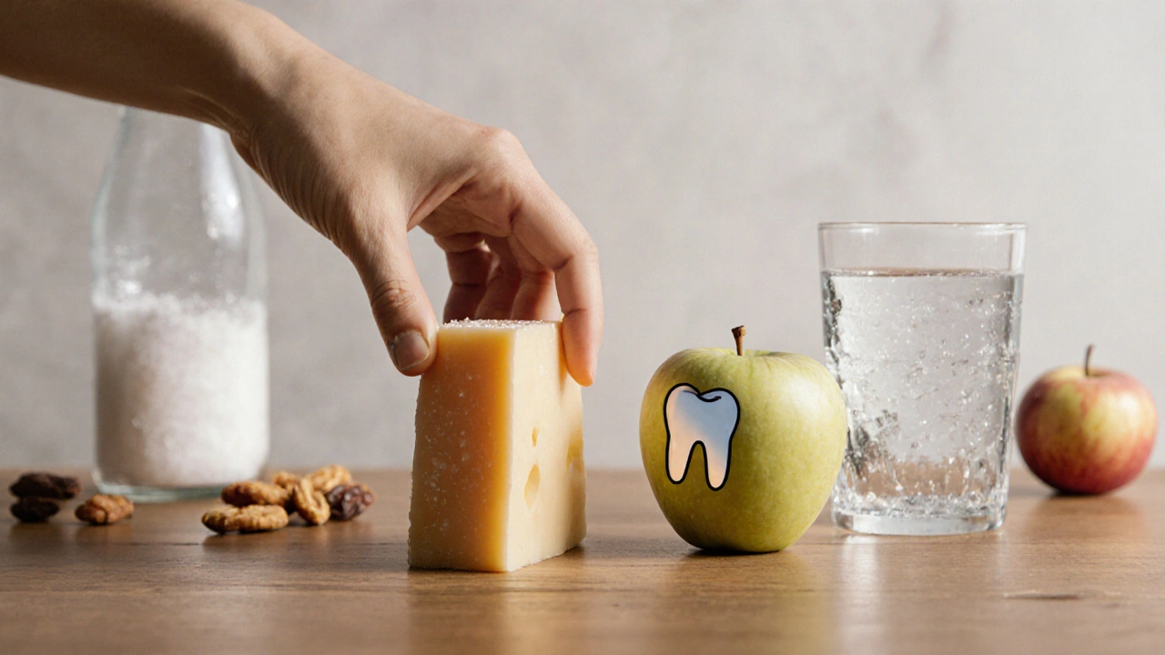 Zdravé potraviny jako sýr a jablko vedle vody, zatímco sladké nápoje jsou v pozadí, symbolizující výběr pro zdraví zubů.