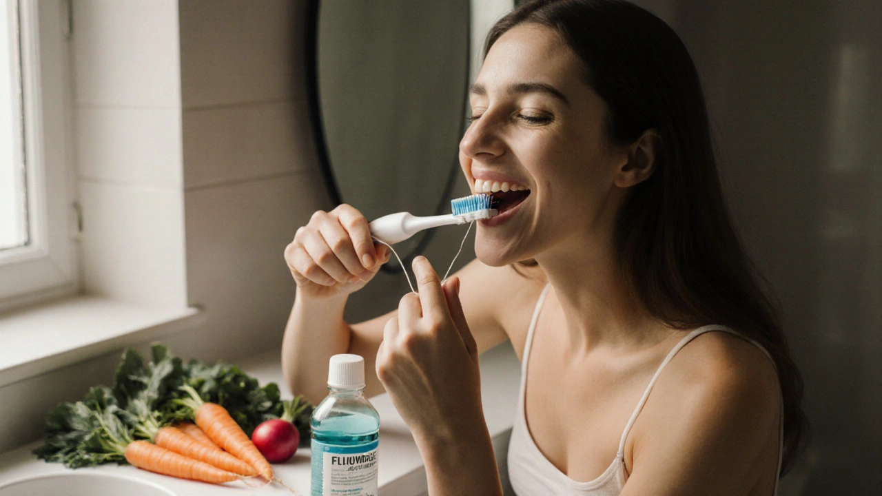 Žena čistí zuby kartáčkem a nití, na pozadí zelenina a ústní voda