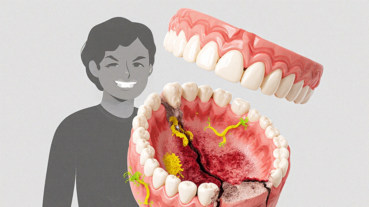 Zhublá čelist pod špatně sedícími zuby s viditelnými bakteriemi a poškozením kosti.