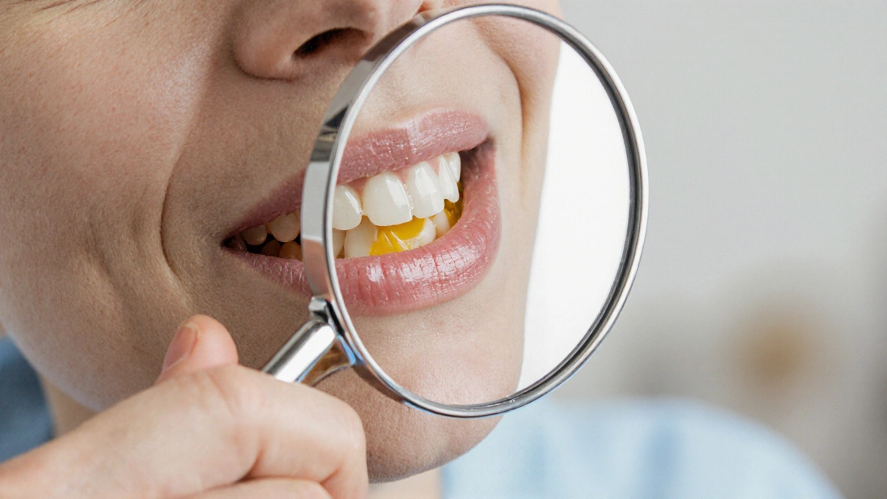 Zrcátko odrazuje viditelný absces na dásni u zadního zubu.