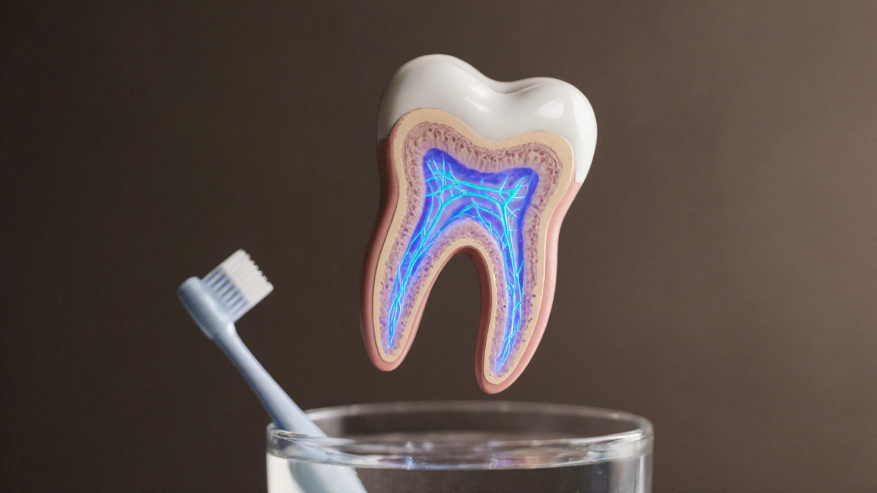 Zub s odhaleným krkem a mikroskopickými kanálky blokovanými účinnými látkami.