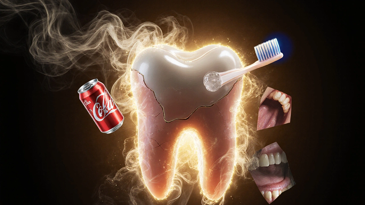 Zub zakrytý fluoridovou vrstvou, kolem něj se rozptylují škodlivé faktory jako kyselé nápoje a tvrdý kartáček.