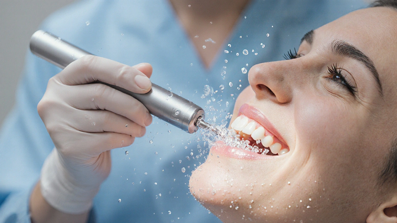 Zubní hygienička odstraňuje kámen ultrazvukovým zařízením