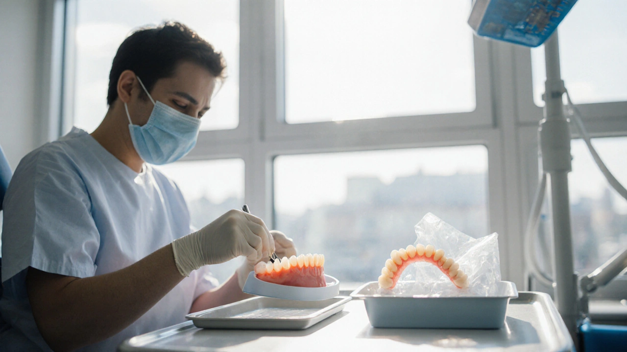 Zubní lékař bere odtisk úst pacienta v klinice s kvalitní protézou na stole.