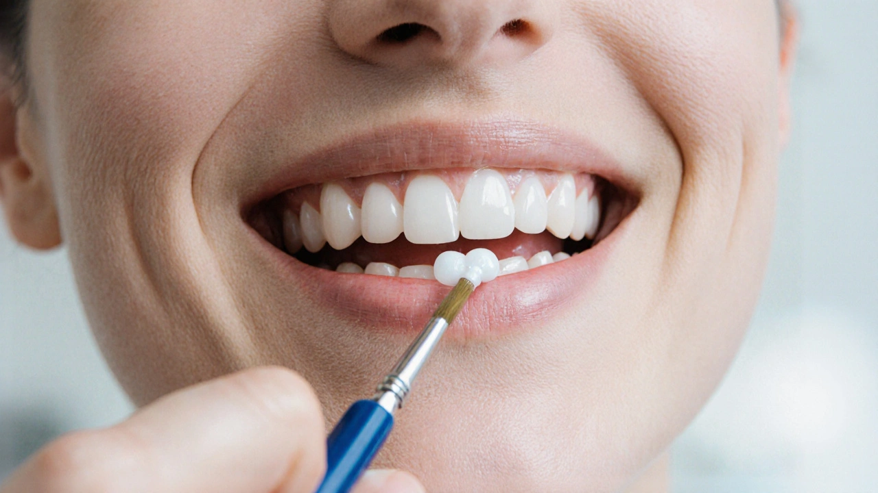 Zubní lékař provádí infiltrační léčbu bílé skvrny na zubu pomocí speciální pryskyřice.