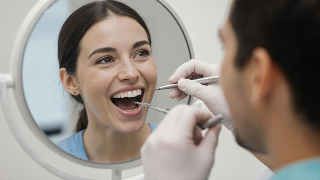 Zubní lékař vyšetřuje pacientovi dásně s ohledem na stahování.