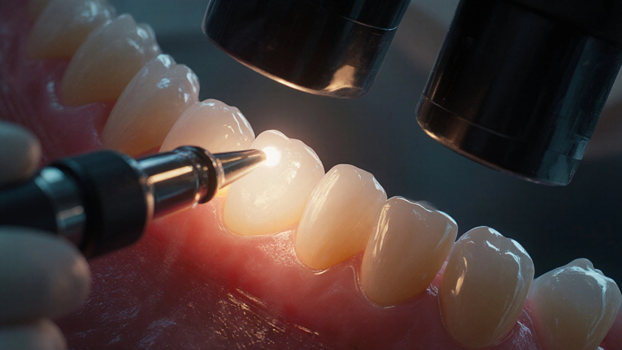 Zubní technik aplikuje kompozit s přesným umístěním jasného bodu pod mikroskopem.