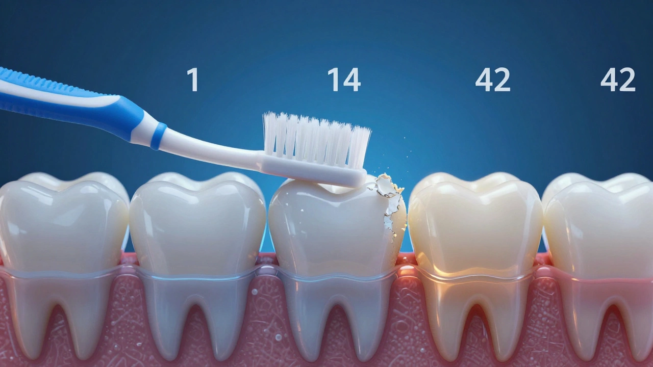 Časová řada čištění zubu, kde se sklovina postupně otírá, přestože se zub zdá být světlejší.