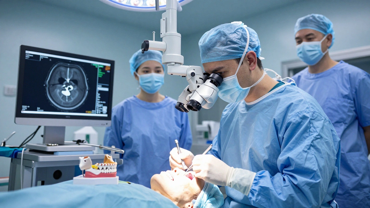 Chirurg provádí maxilofaciální operaci s použitím 3D modelu a mikroskopu.