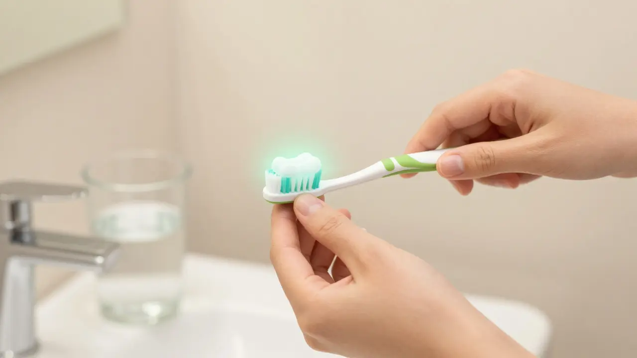 Člověk čistí zuby kartáčkem a nití s vodou