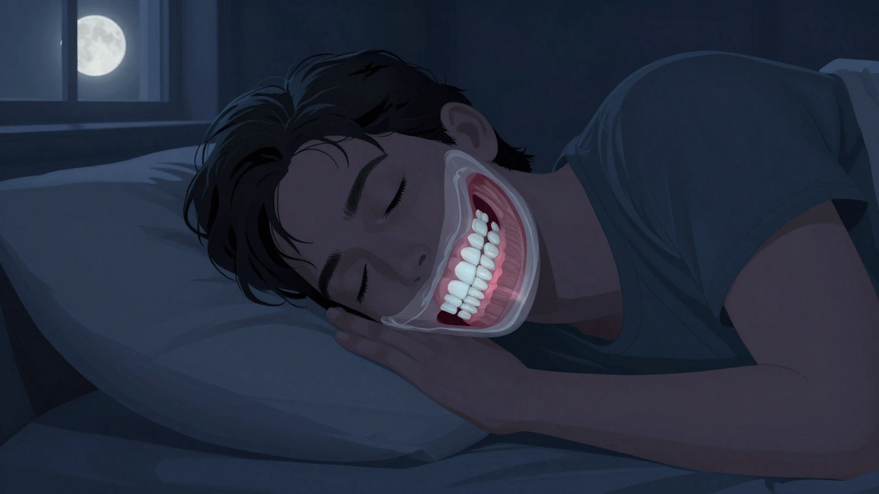 Člověk spí na boku s tváří opřenou o polštář, zuby se posouvají asymetricky.