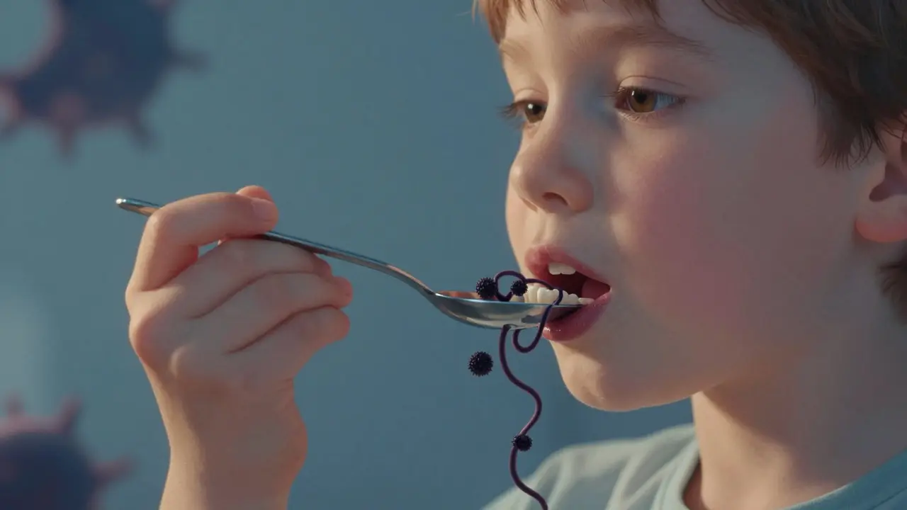 Dítě pije železový sirup, z jeho úst stoupají tmavé nánosy na zoubky