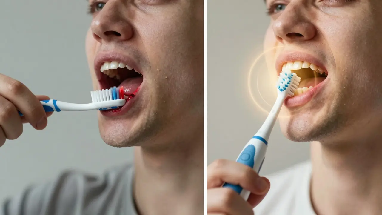 Dvě srovnávací scény: poškozené dásně vs. zdravé dásně při použití sonického kartáčku.