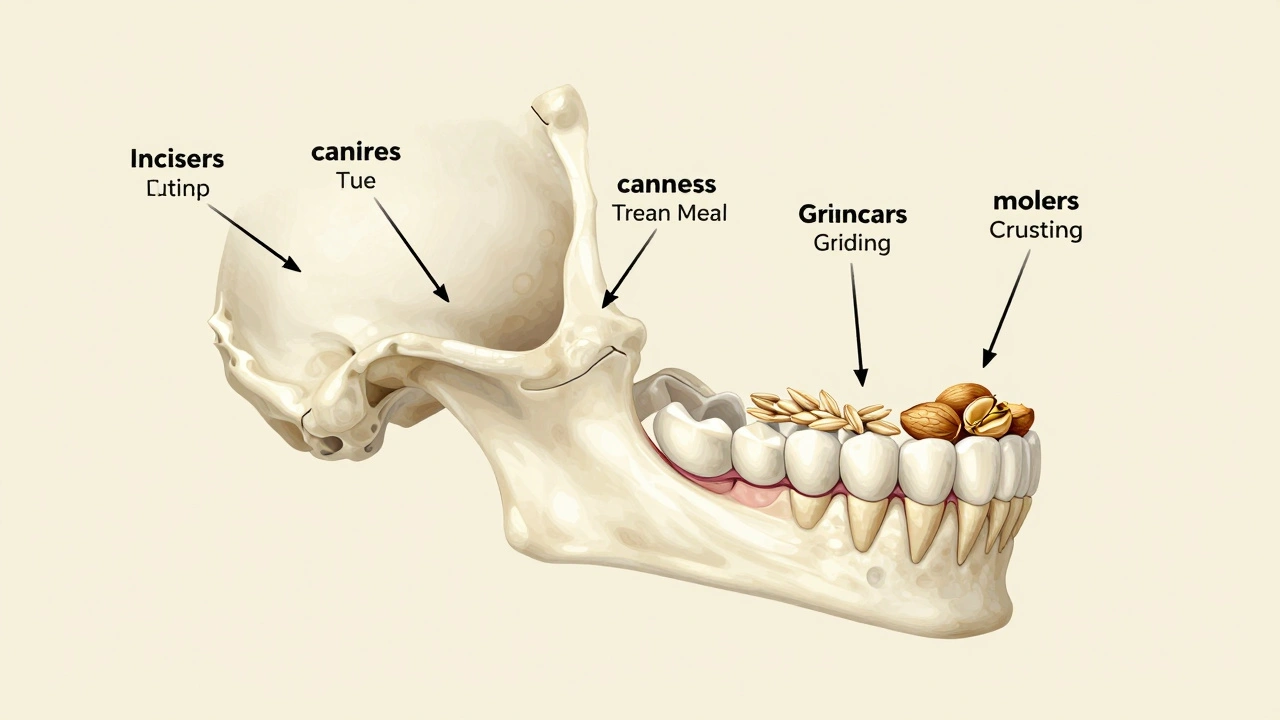 Ilustrace čelisti s funkcemi jednotlivých typů zubů: řezání, trhání, mletí a rozdrcení potravy.