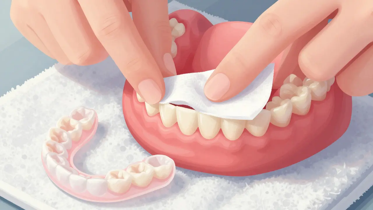 Jemné masírování dásní vlhkou gázou vedle vyjímatelné protézy.