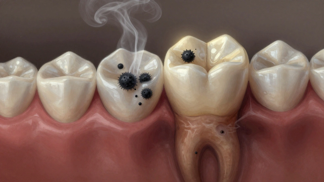 Keramická onlay s mikromezery, kde se hromadí bakterie vedoucí k infekci kořene.