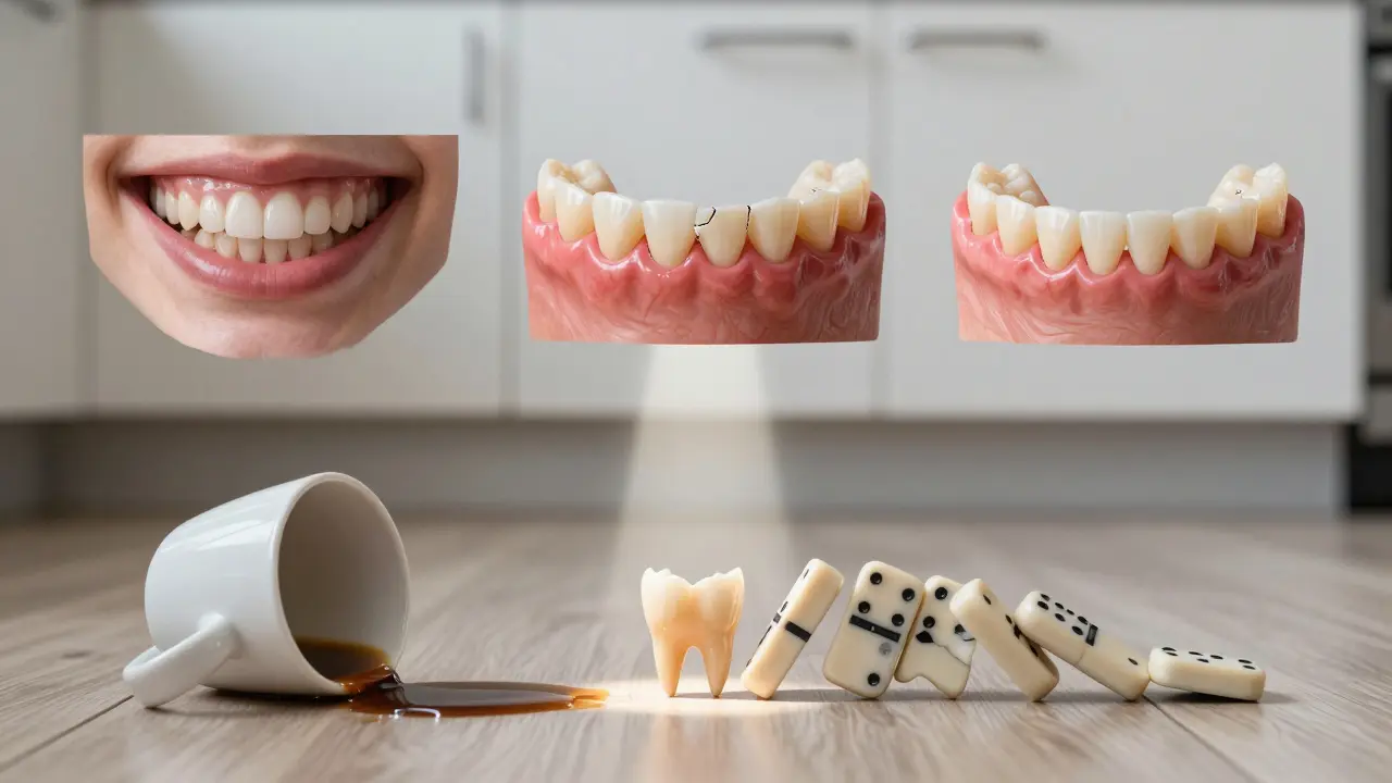 Klesající kost čelisti a padlý zub na podlaze, symbolizující dlouhodobé následky.