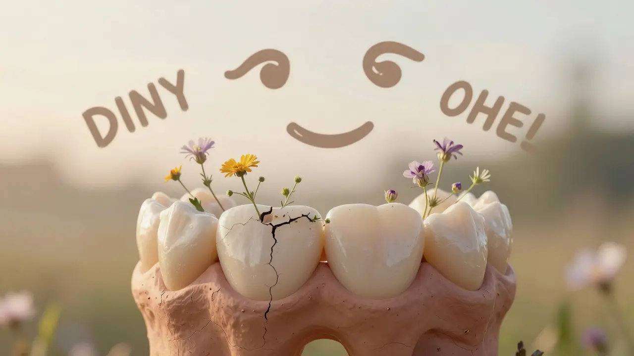 Konceptuální obrázek zubů s květinami v mezeře, symbolizující přijetí neperfektnosti.