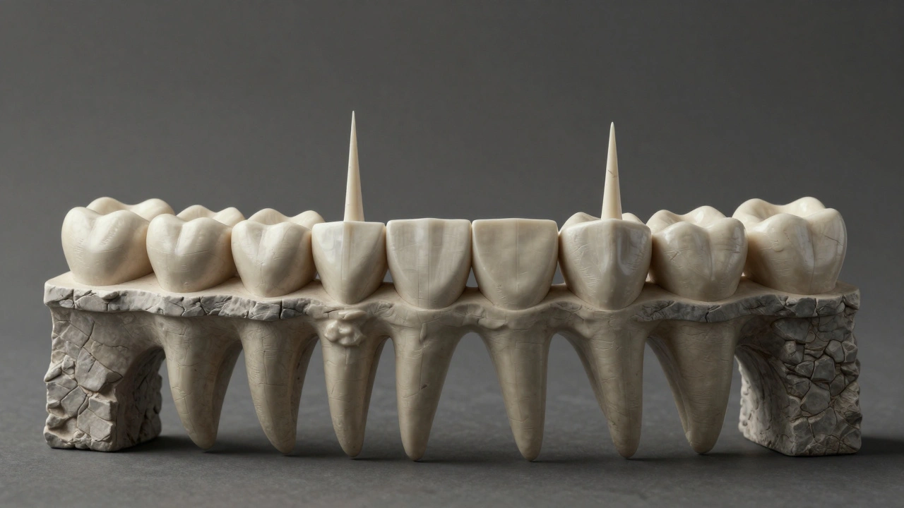 Konceptuální znázornění zubního oblouku jako mostu, kde chybějící zadní stolička způsobuje posun sousedních zubů.