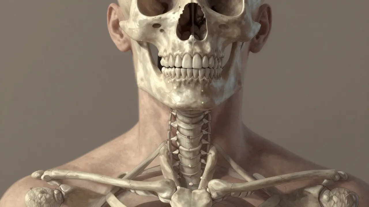 Kost čelisti spojená s bolestmi hlavy a krku prostřednictvím světlých čar.