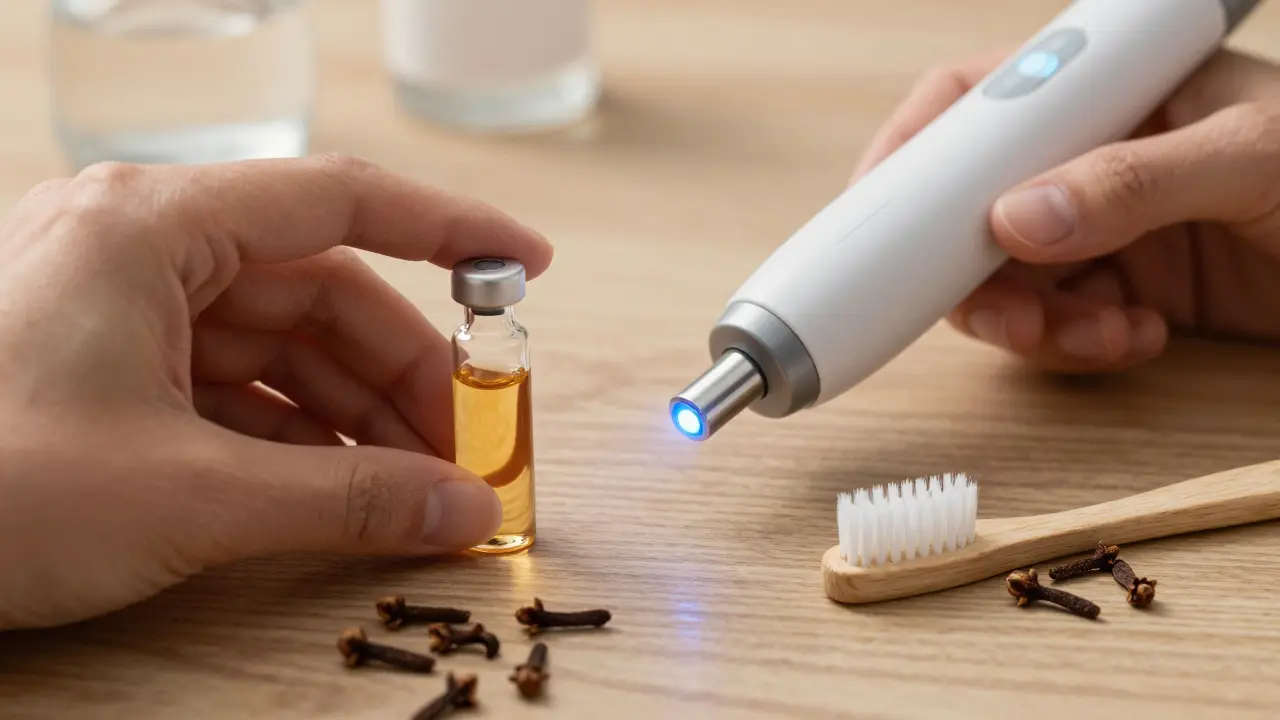 Láhev s louhem z hřebíčků vedle laserového zařízení na zuby.