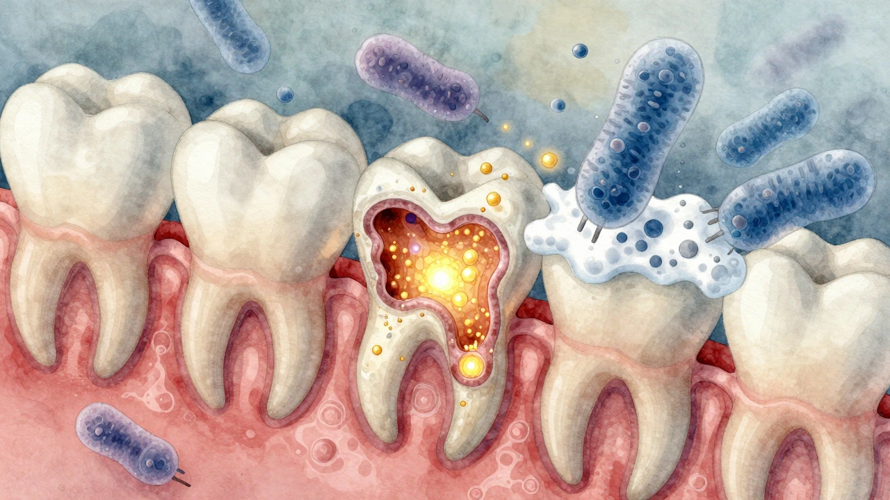 Mikroskopický pohled na obnovu zubní skloviny minerály v boji proti bakteriím.