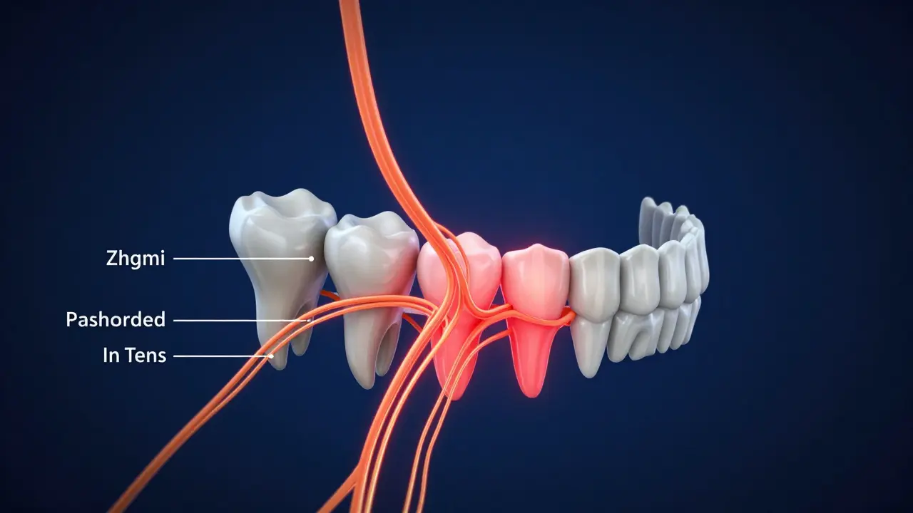 Nervové cesty v čelisti propojující bolest z osmice s předními zuby.