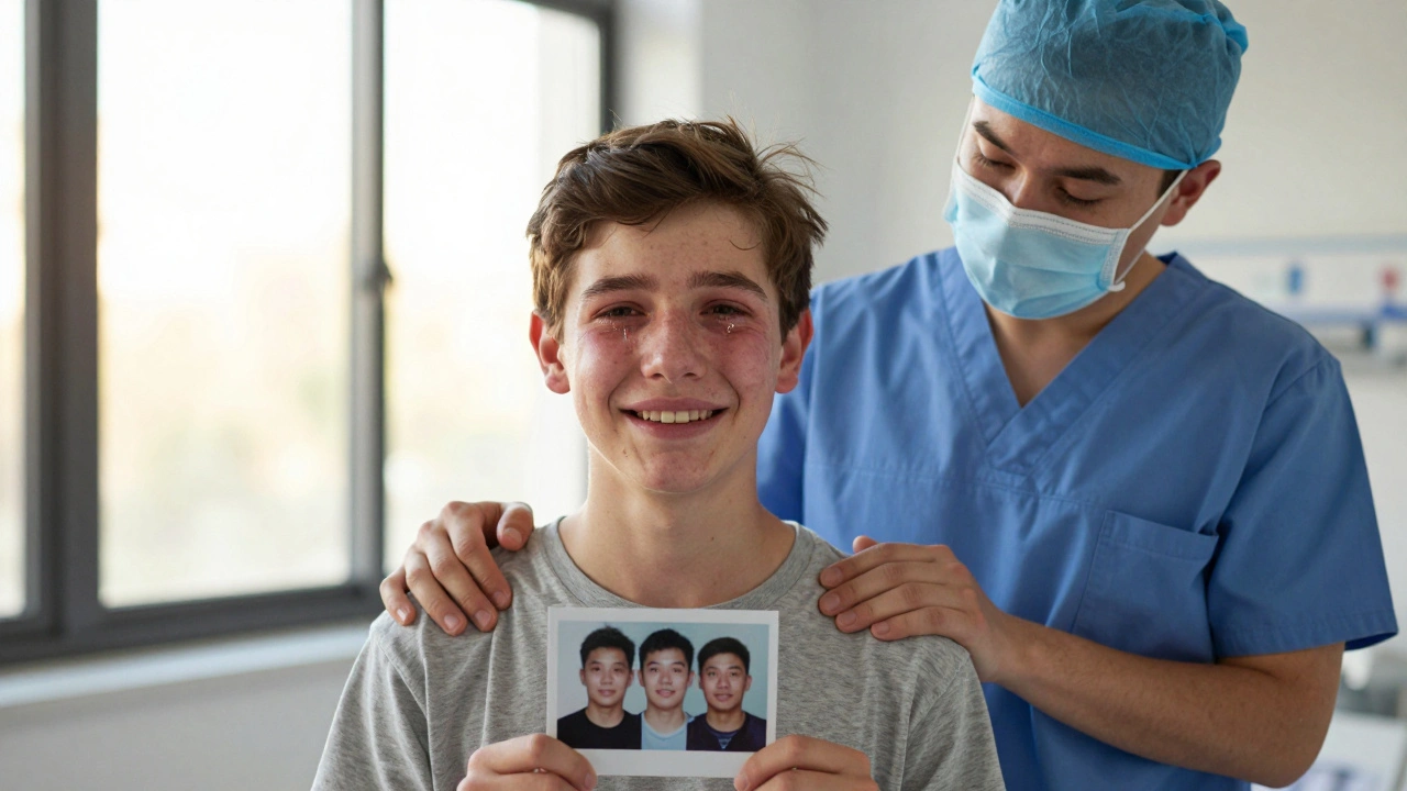 Pacientka po operaci obličeje se směje, drží fotku z před operací.