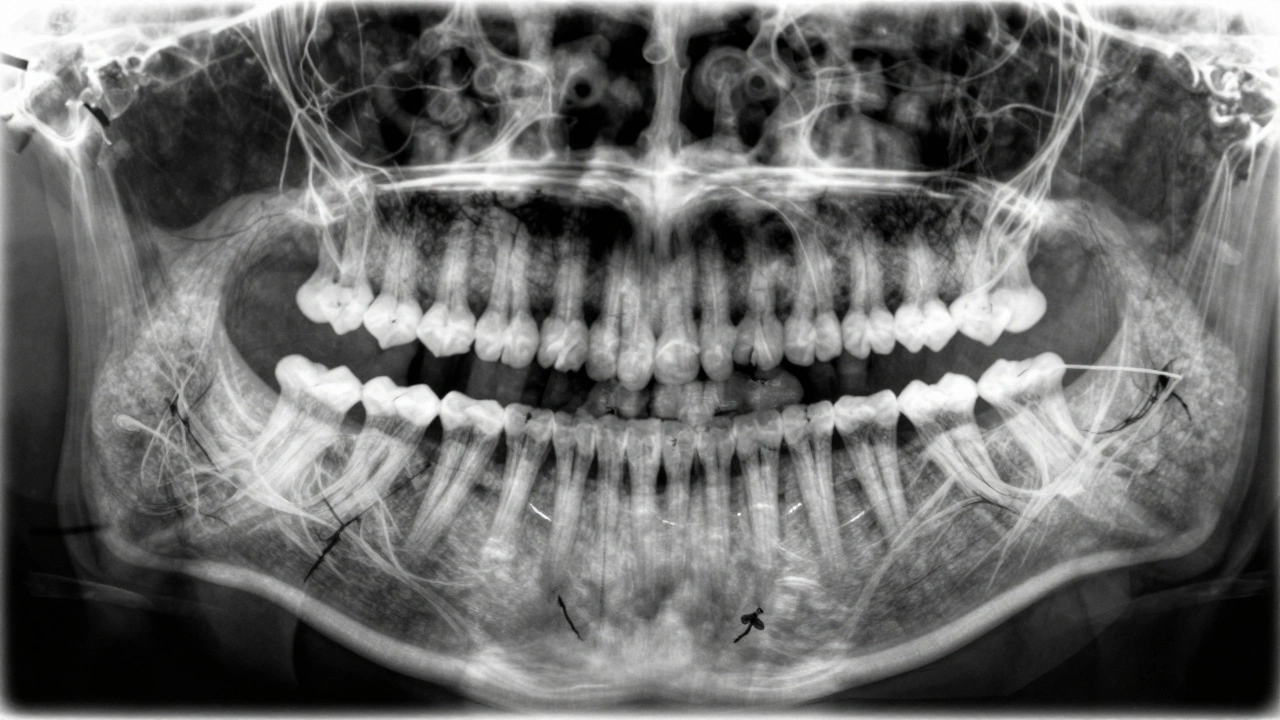 Panoramatický rentgenový snímek s viditelnou infekcí u špičky kořene a fistulou.