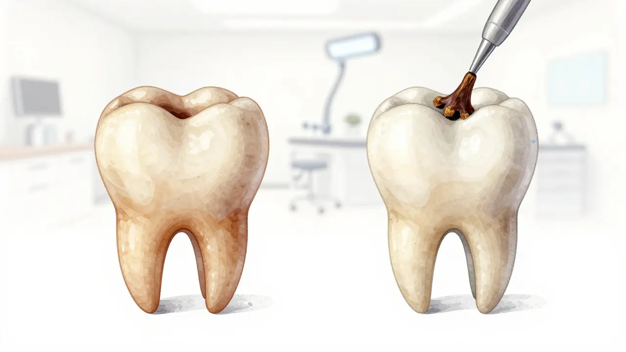 Porovnání zubu s skvrnami a zubu po úpravě louhem z hřebíčků.