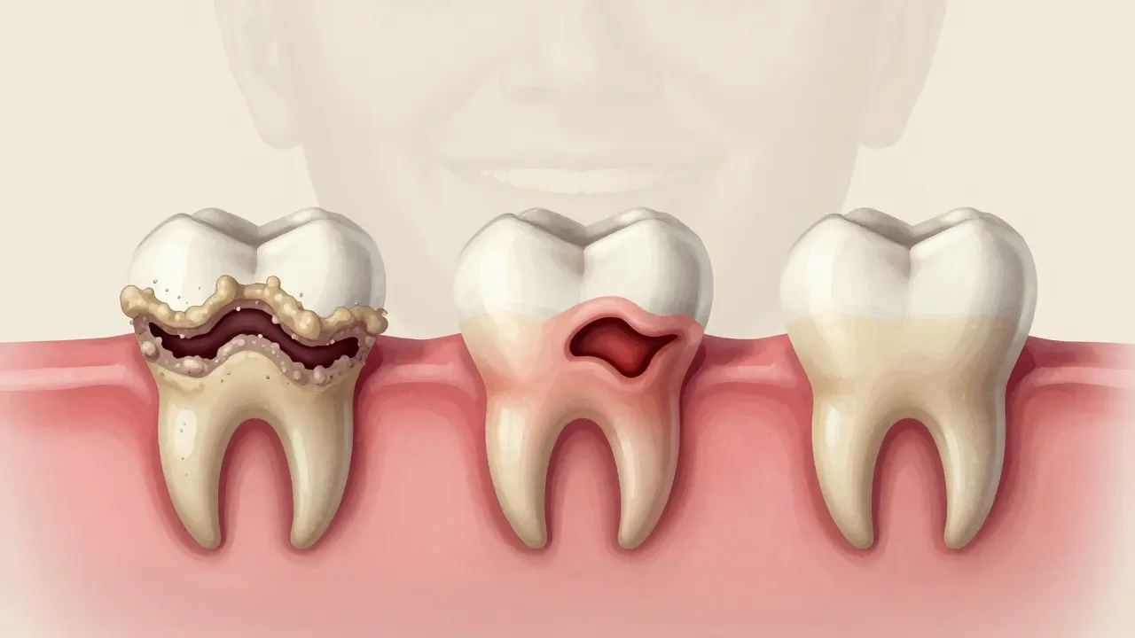 Postupné poškozování zubu plakem, zánětem a ztrátou kosti.