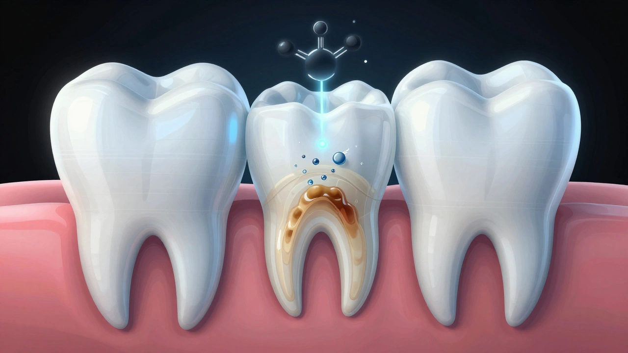 Příčný řez zubem s chemickým pronikáním bělících látek do skloviny.