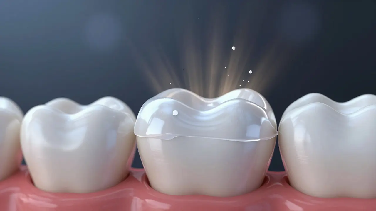 Průhledný náplast na zubě s minerály proudícími do sklovitiny