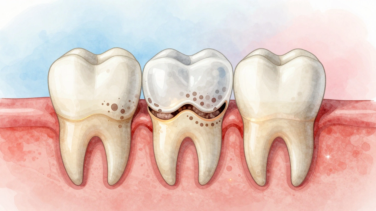 Průřez zubu ukazující počáteční demineralizaci skloviny bez díry.
