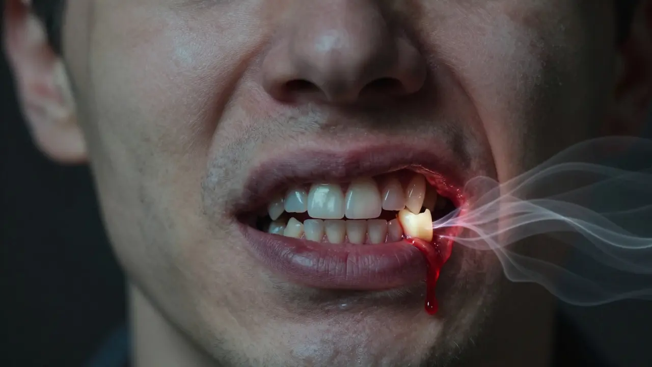 Rozdělená tvář: zdravá strana vs. strana s impaktovanou osmicí a šířící se bolestí.