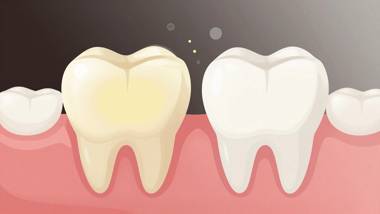 Rozdělený zub: vnitřní zbarvení zůstává, jen povrch je čistší, ilustrující omezení bělící pasty.