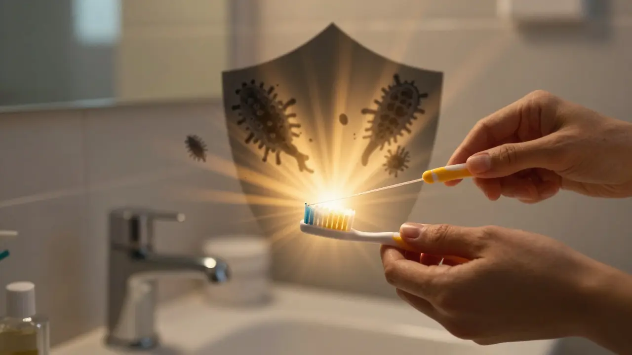 Ruce s kartáčkem a nití odrazují bakterie jako temné stíny.