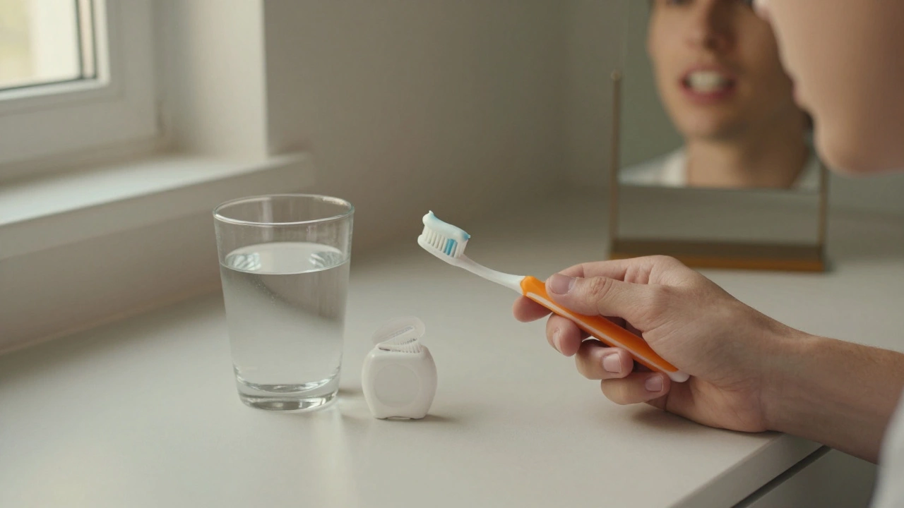 Ruka drží zubní kartáček s fluoridovou pastou vedle vody a nitě.