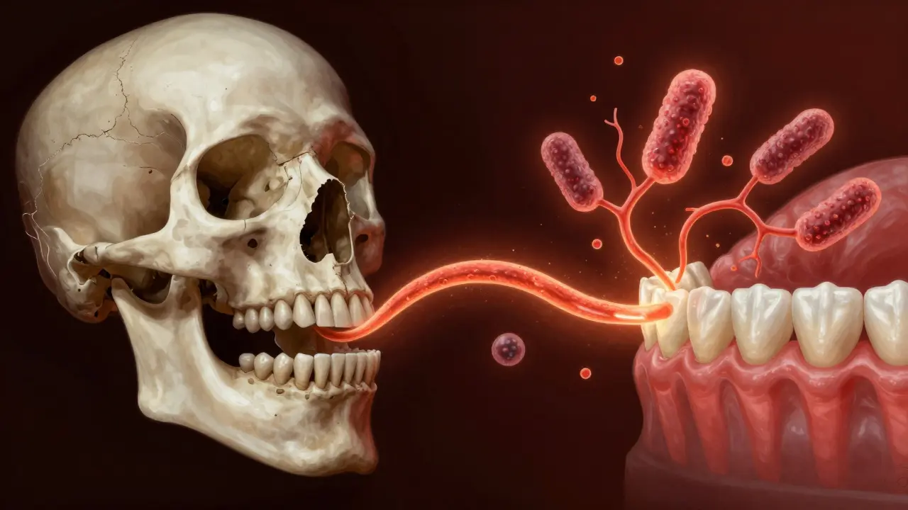 Schematický obraz ztráty kosti v čelisti způsobené špatnou péčí o zuby.