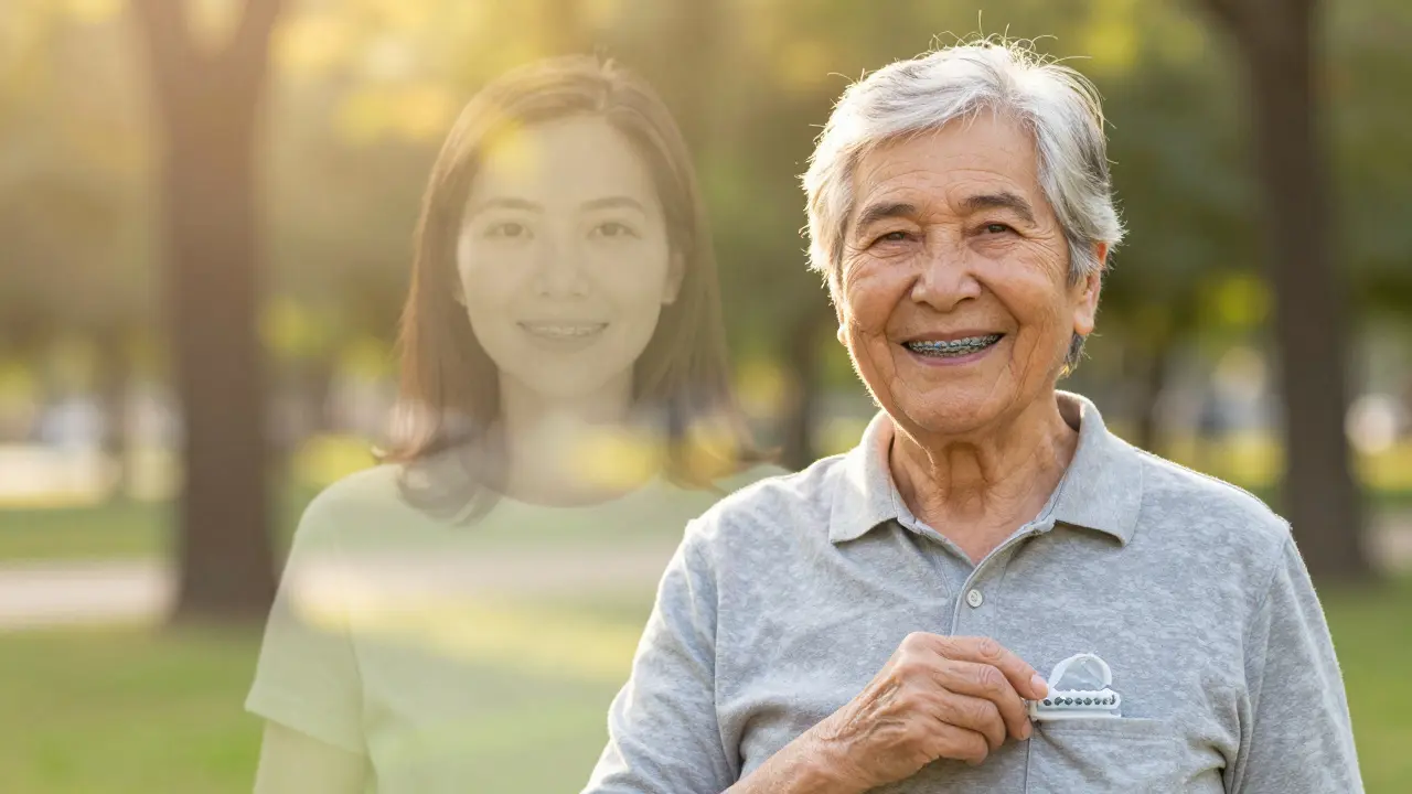 Starý muž se široce usmívá, nosí skrytý retainer, za ním stín jeho mladšího sebe.