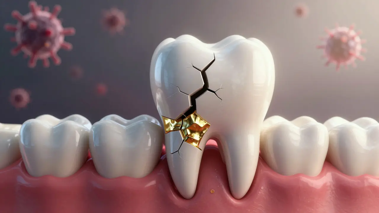 Symbolický obraz zubu jako zlomeného sloupu opravovaného zlatým materiálem.
