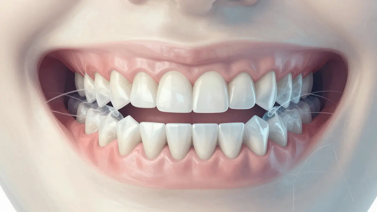 Transparentní retainer nad vyrovnanými zuby s vlivem recidivy na kosti.