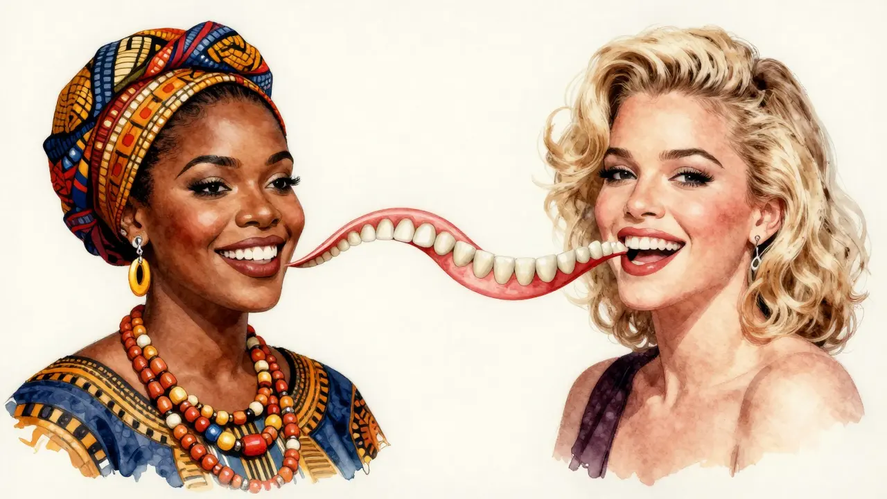Umělecká ilustrace s kulturními symboly Afriky a Hollywoodu spojenými přes zubní štěrbinu.